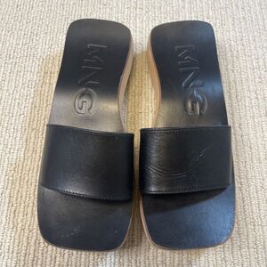 Mango Leather Mules Slides Wood Heel Size 5 Summer Black